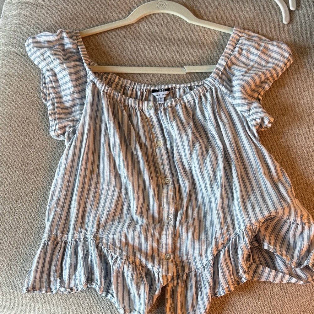 Naked Zebra Blue & White Striped Ruffle Sleeve Blouse
